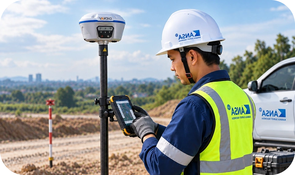 Surveyor mengoperasikan GPS geodetik di lapangan